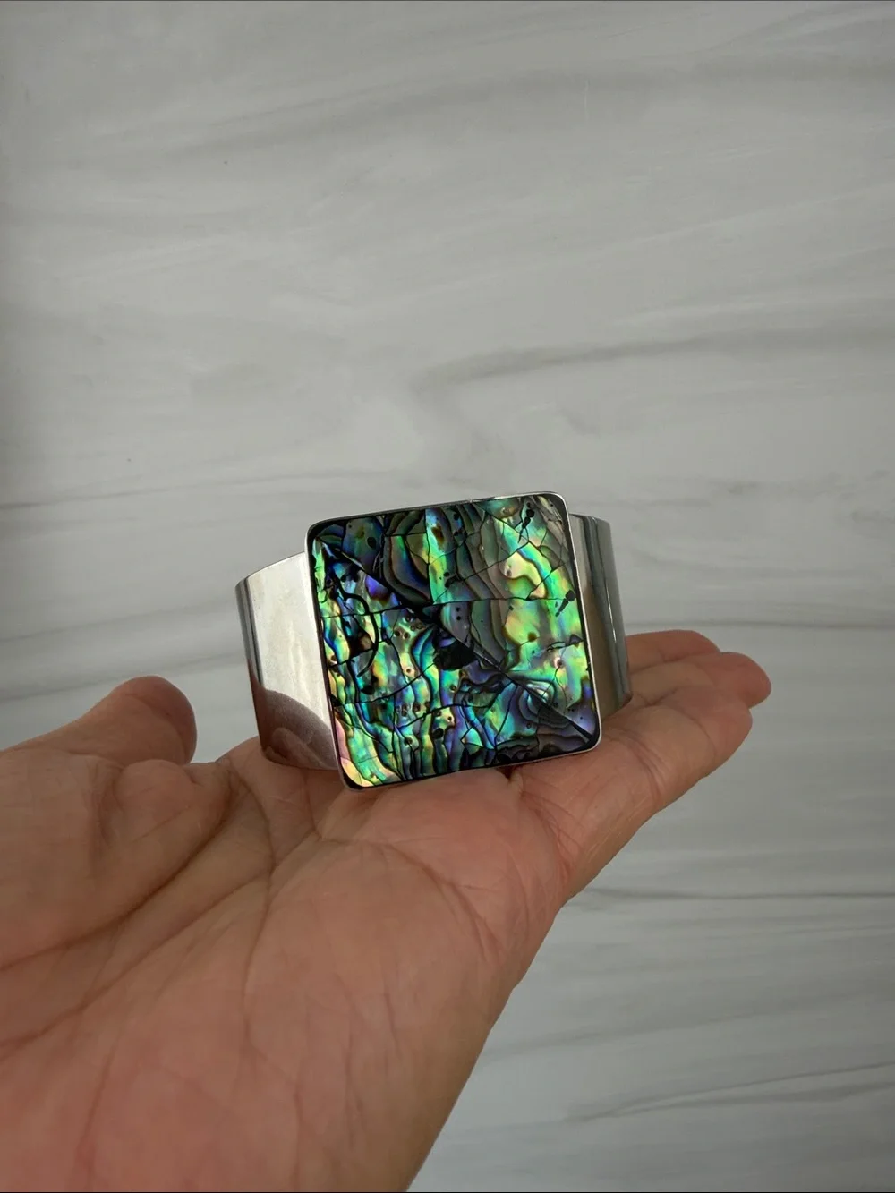 Silver Cuff Smart Bracelet with Abalone Iridescent Face